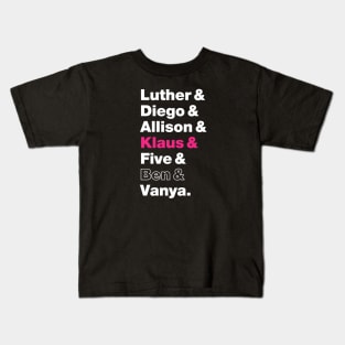 Umbrella Academy Character Names - Pink Klaus Hargreeves, Ben Hargreeves Outline Kids T-Shirt